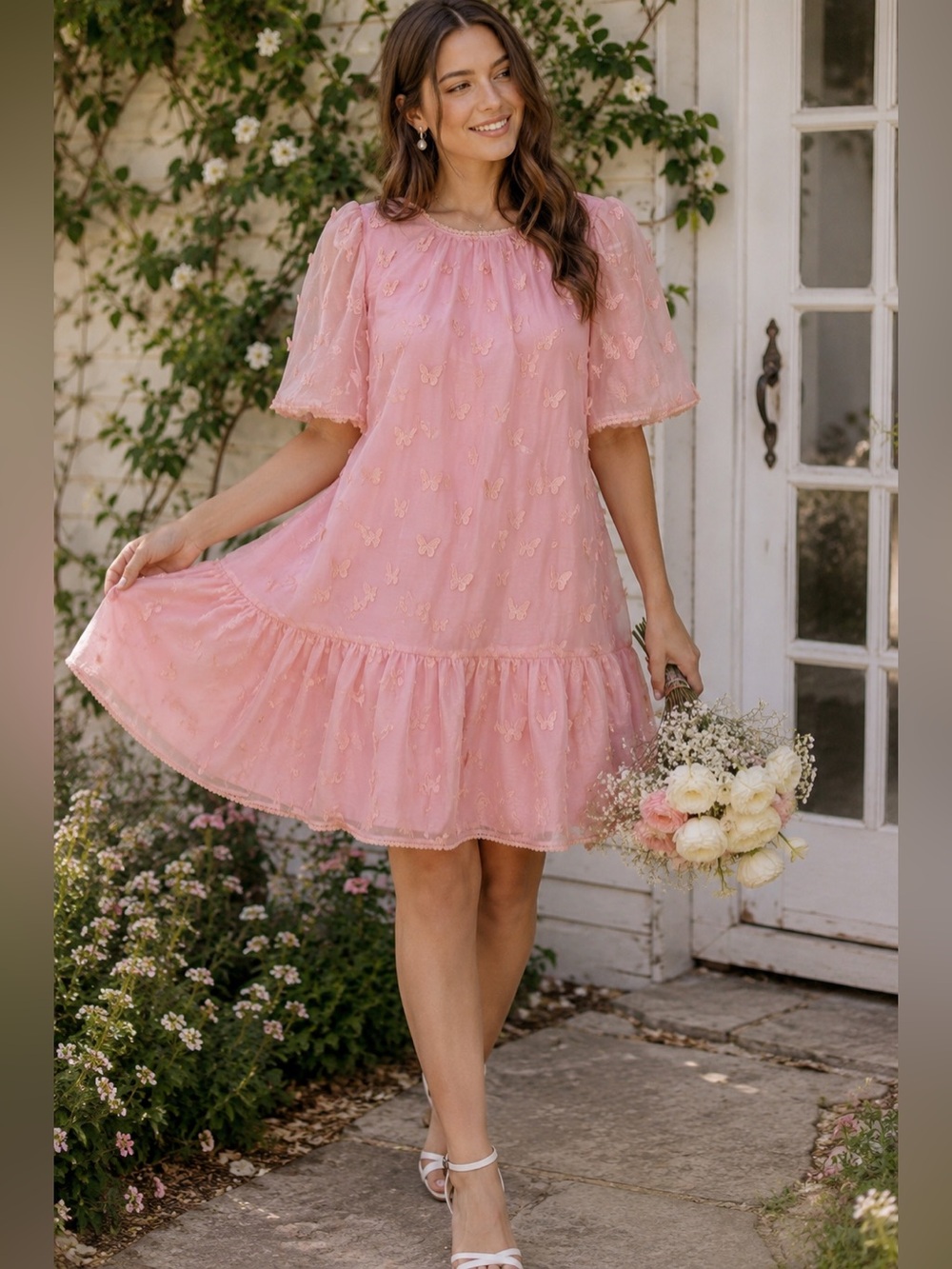 ANTONIO MELANI Pink Embroidered Flutter-Sleeve Mini Dress